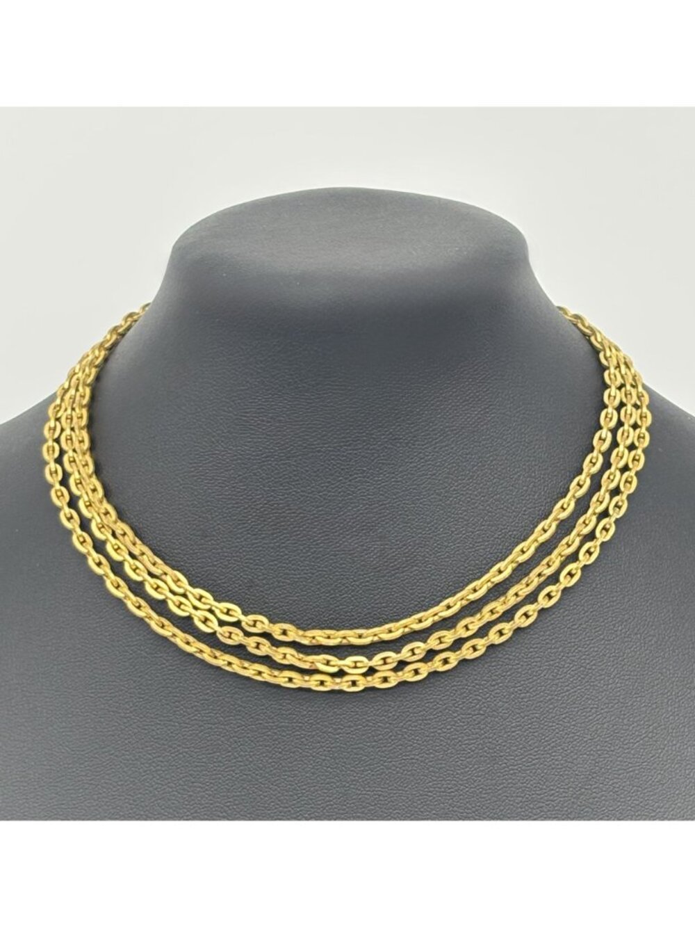 Vintage Triple Strand Choker Gold Plated Textured Brass Links Embossed Box Clasp - Picture 2 of 14